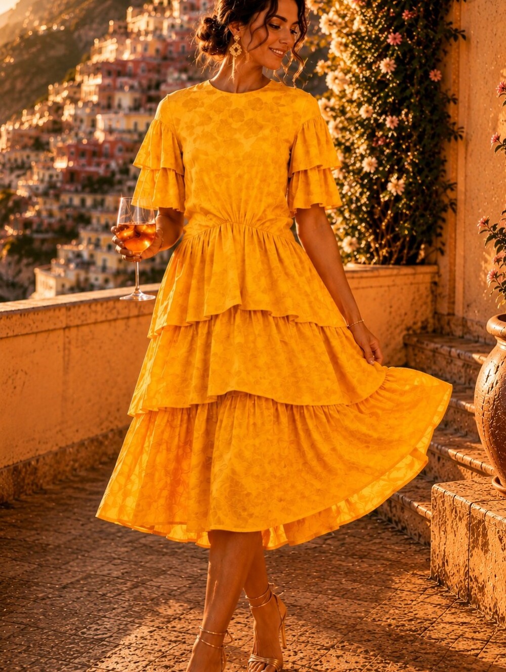 Rejina Pyo Laura Marigold Yellow Leaf Print Tiered Ruffle Midi Dress US 2